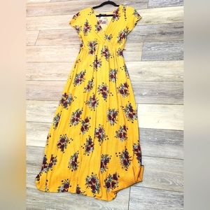 Kimcine yellow floral v neck short sleeve maxi dress